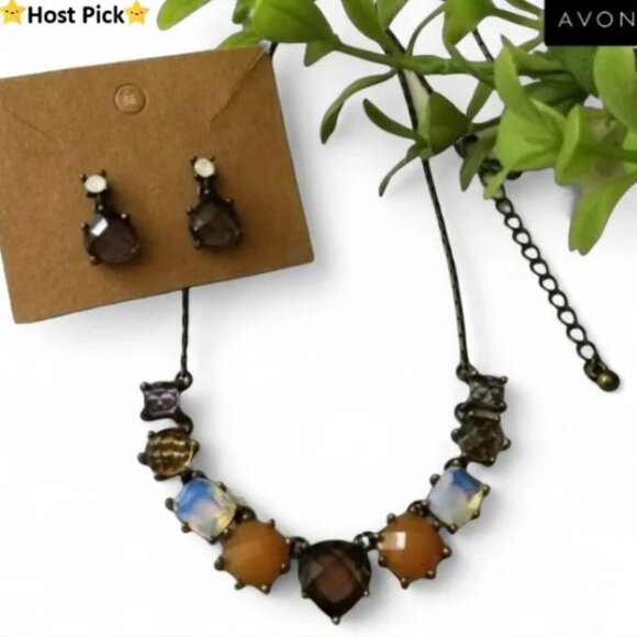 Vtg 80's AVON NR Signed Antique Bronze tone Rhinestone Necklace & Earrings Set - Picture 1 of 16